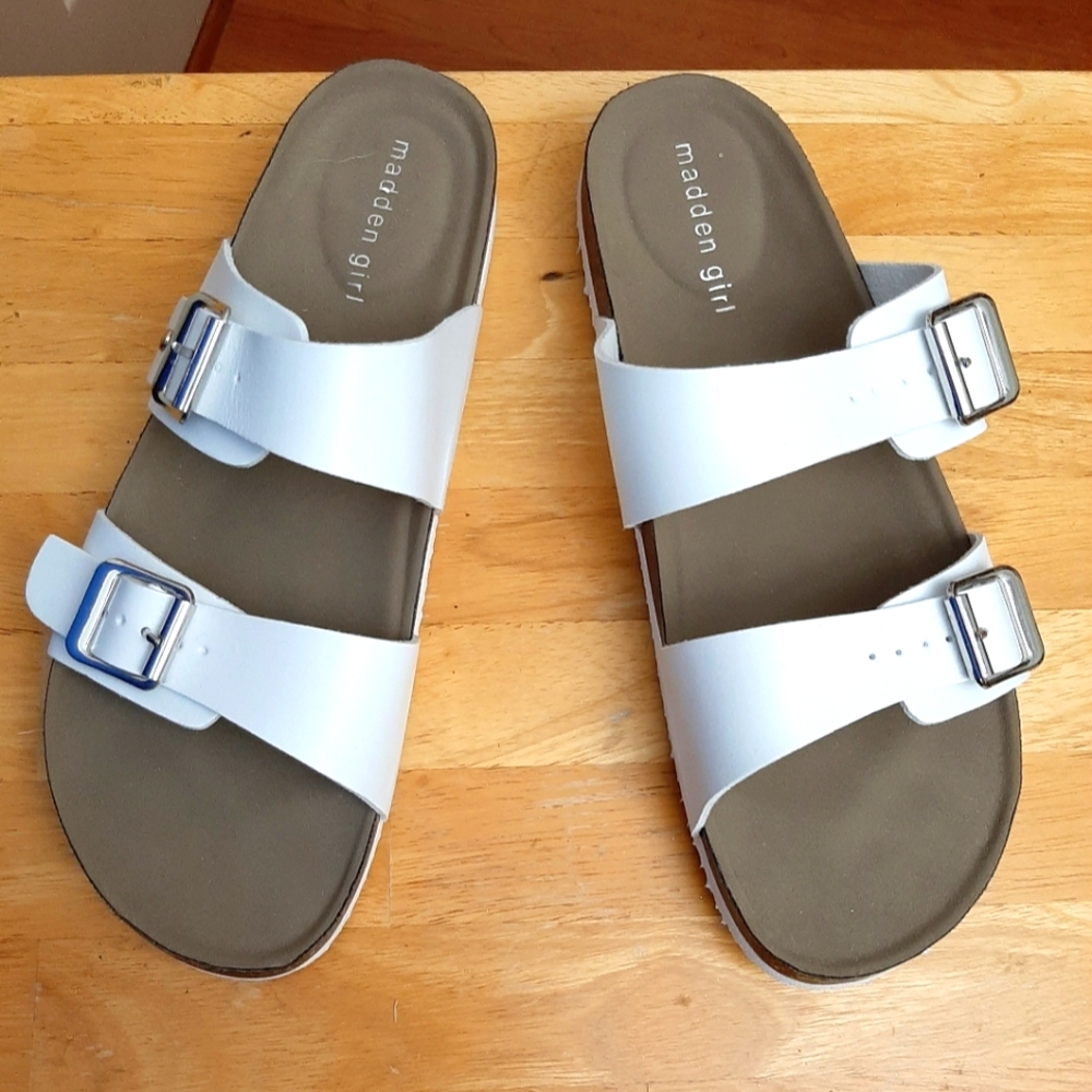 NWOT Madden Girl Birken Look Alike White Sandals with Buckle Straps 10
